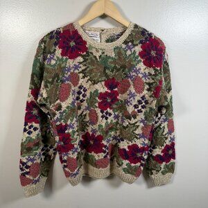 VTG Talbots Hand Knit Floral Sweater Size Medium Chunky Knit Grandma Granny
